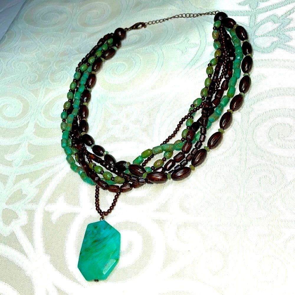 Multi-strand faux turquoise pendant adjustable necklace of browns and blue green